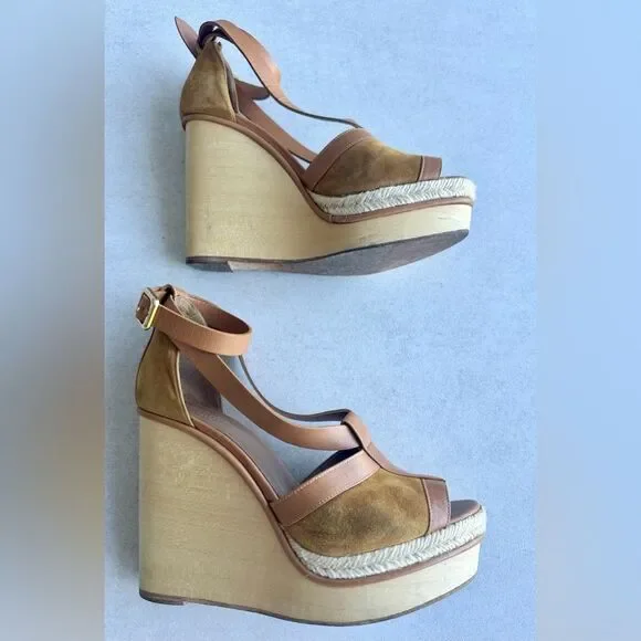 Hermes Tan Suede and Leather Wooden Wedge Ibiza Sandals size 38 - Picture 2 of 15